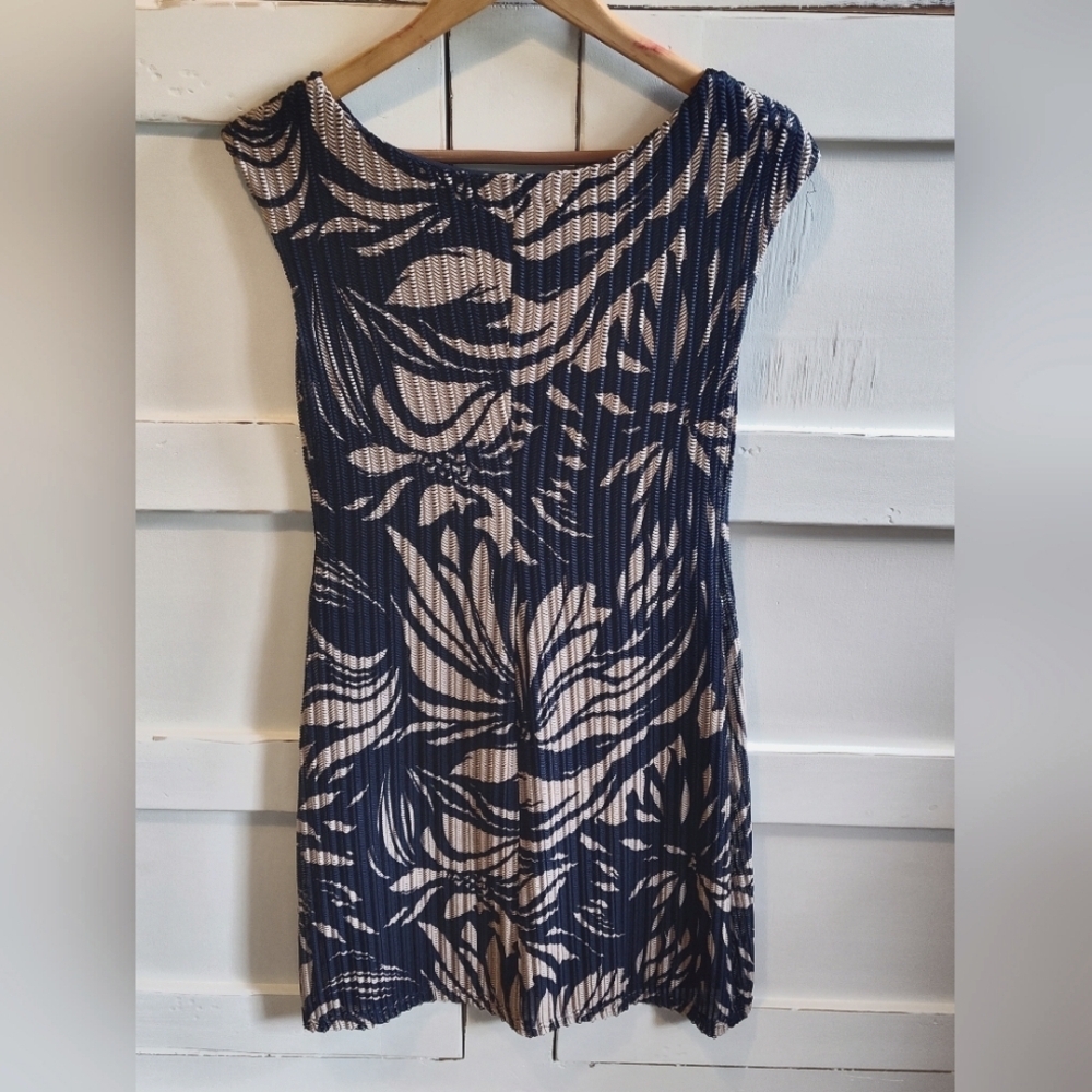 Connected Apparel Women Sleeveless Knit Dress | Navy Tan Tropical Print | Sz 6 - Picture 2 of 5